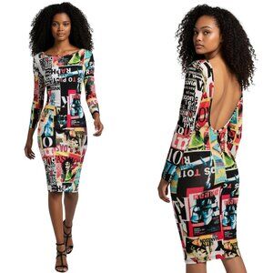 80's Punk Era Style Graphic Printed BodyCon Super Stretchy Colorful Dress Size S